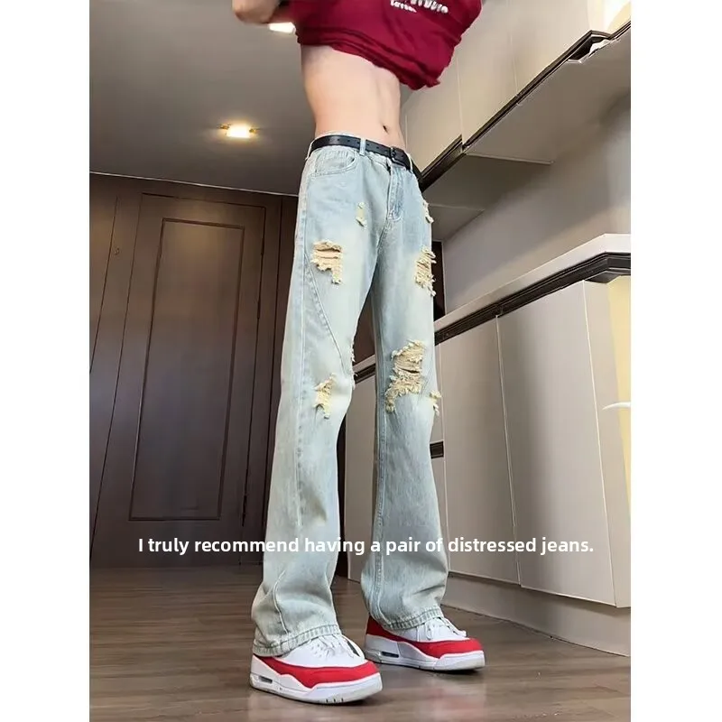 

Slim Fit American Retro Hole Design Summer Street Style Straight Leg High Waist Vibe Denim Jeans Teenage Casual Long Pants
