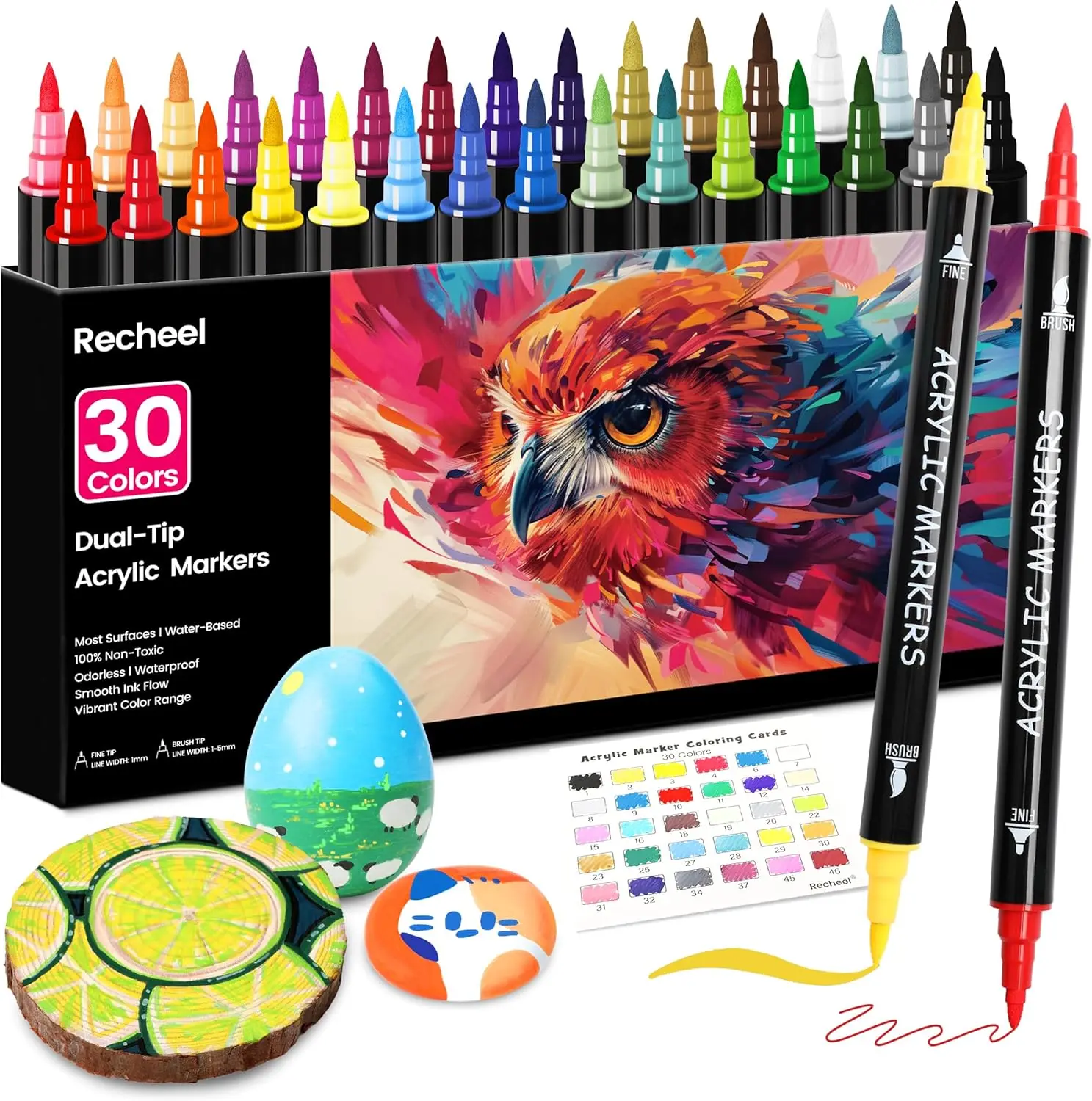 

30 Colors Acrylic Paint Markers, Dual Tip Fine & Brush for Art, Crafting, Rock Painting, Wood, Glass, Ceramic