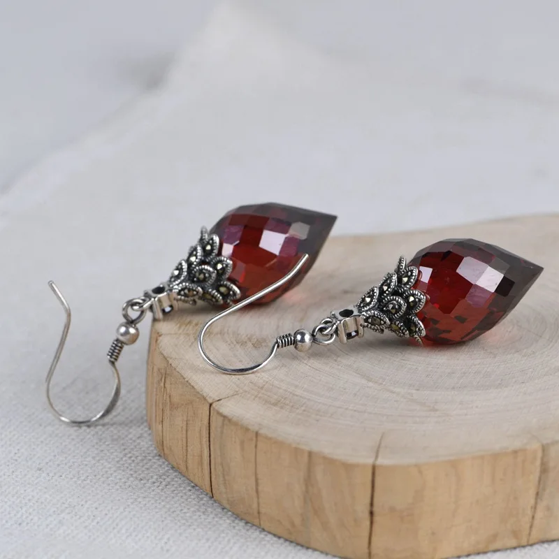 BOCAI New S925 Sterling Silver Pendants Drop Earrings for Women Antique Silver Waterdrip Red Zircon Charms Charm Fine Jewelry