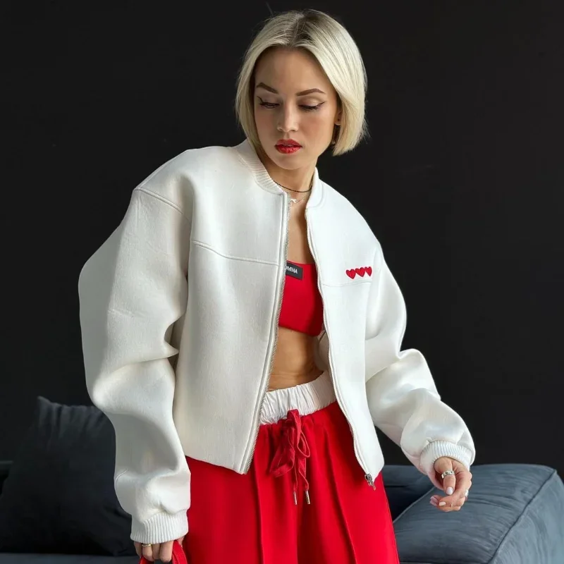 

Love Print Solid Color Bomber Jacket For Women O-neck Zipper Long Sleeved Loose Coats Casual High Street Ladies Daily Outerwear