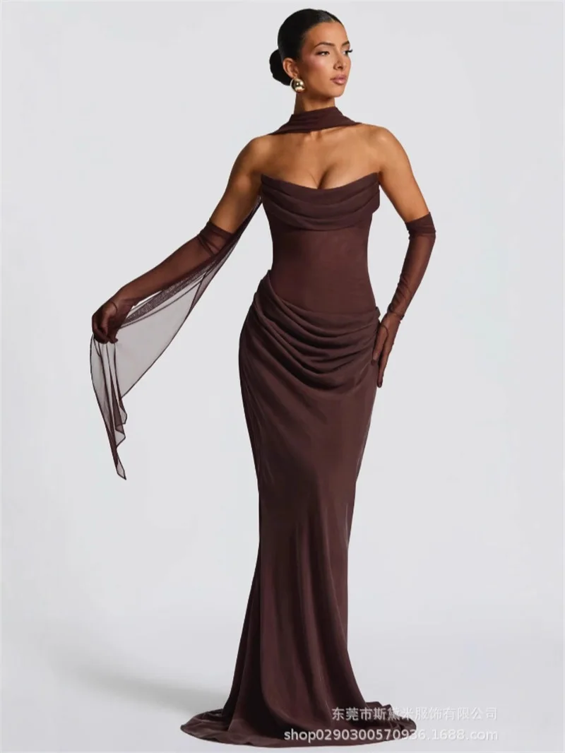 

Brown Women Prom Dress With Scarf Gloves Sexy Strapless Sleeveless Lace Up Back Long Party Gown Formal Elegant Birthday Robe