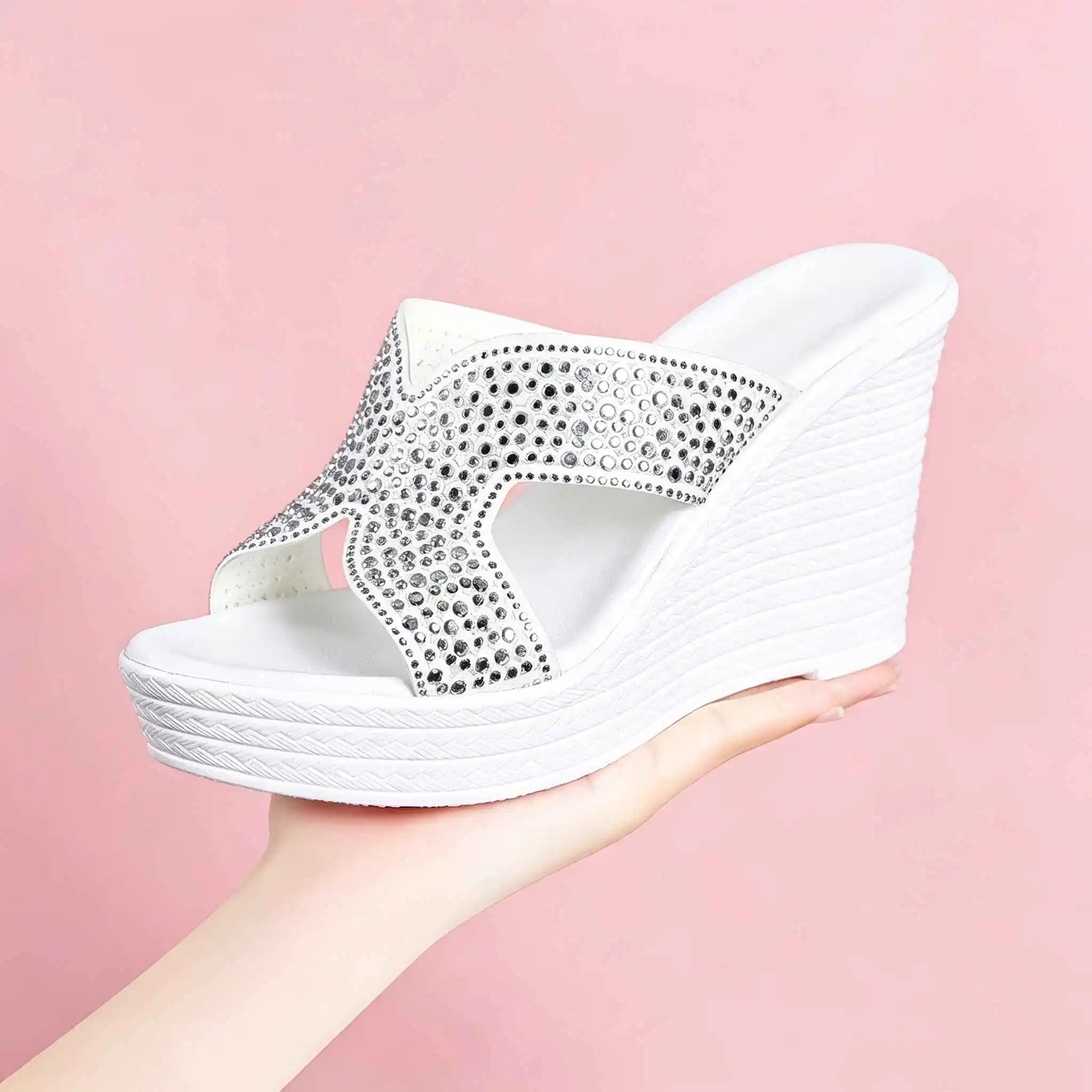 

Elegant Rhinestone Slippers 9cm Thick Bottom Platform High Heels Wedges Slides for Women Comfortable Model Mom Shoes