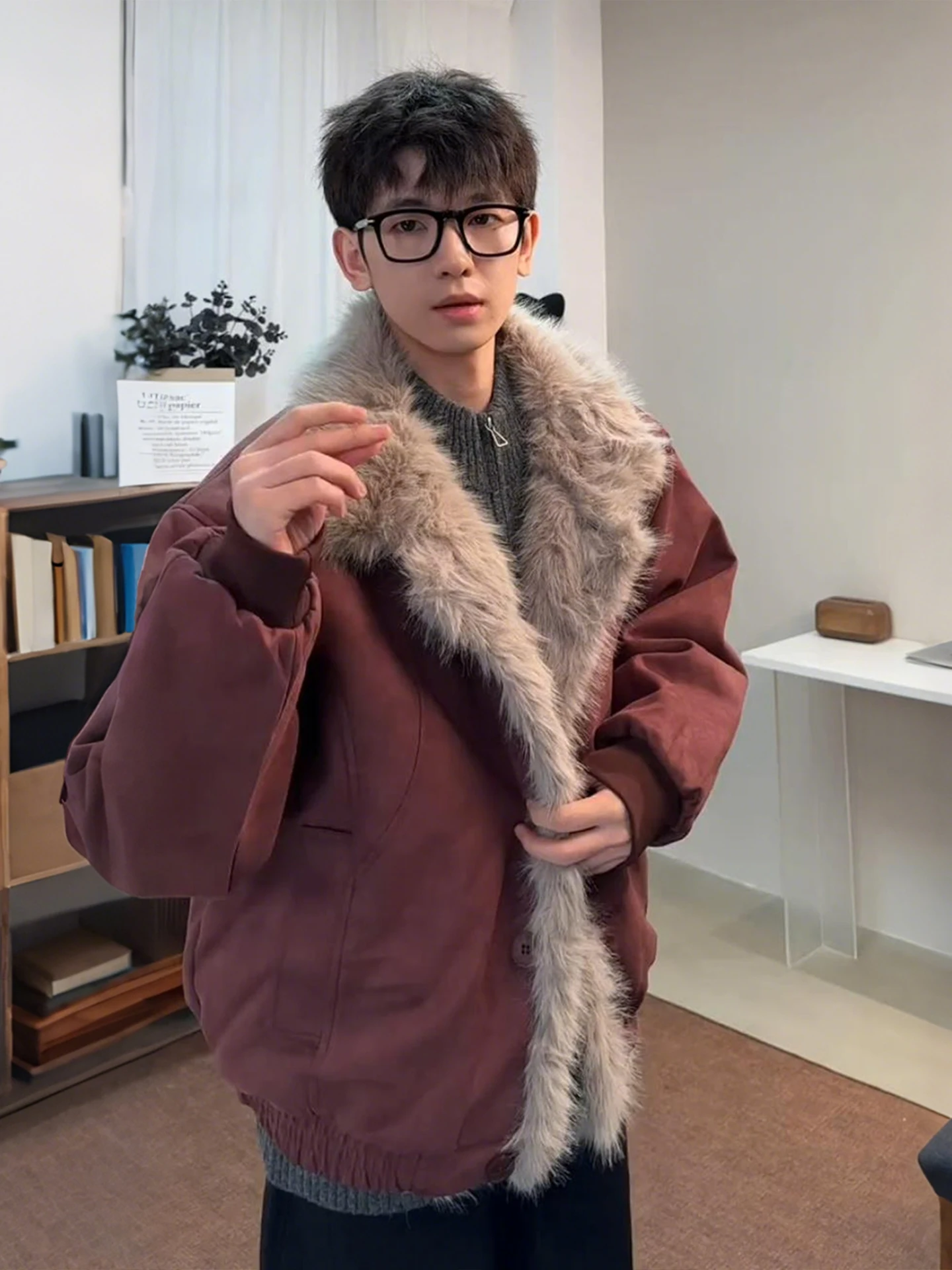 

Red Wine Color Men's Winter Jaet Fur Lined Thiened Suede Leather Coat Inteated Skin And Hair Stand Fit Casual Faion