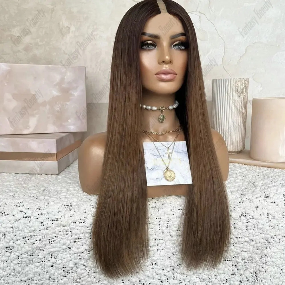 Long Silk Straight 1x4 Size U Part Wig Human Hair for Black Women Ombre Light Brown Adjustable V Part Wigs Remy Indian Hair Wig