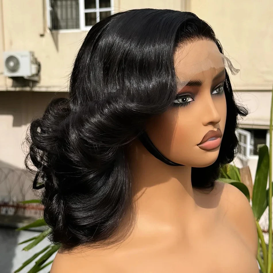

Парик из натуральных волос с волной Body Wave, плотность 250%, короткий боб, 13x6, без клея, натуральный черный, 13x4, для женщин