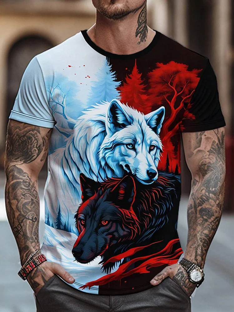 Men Plus Size T-shirt Fierce Street Trend Fitness Exercise Running Short Sleeve Animal Wolf 3D Print Sports Fast Dry Breathable