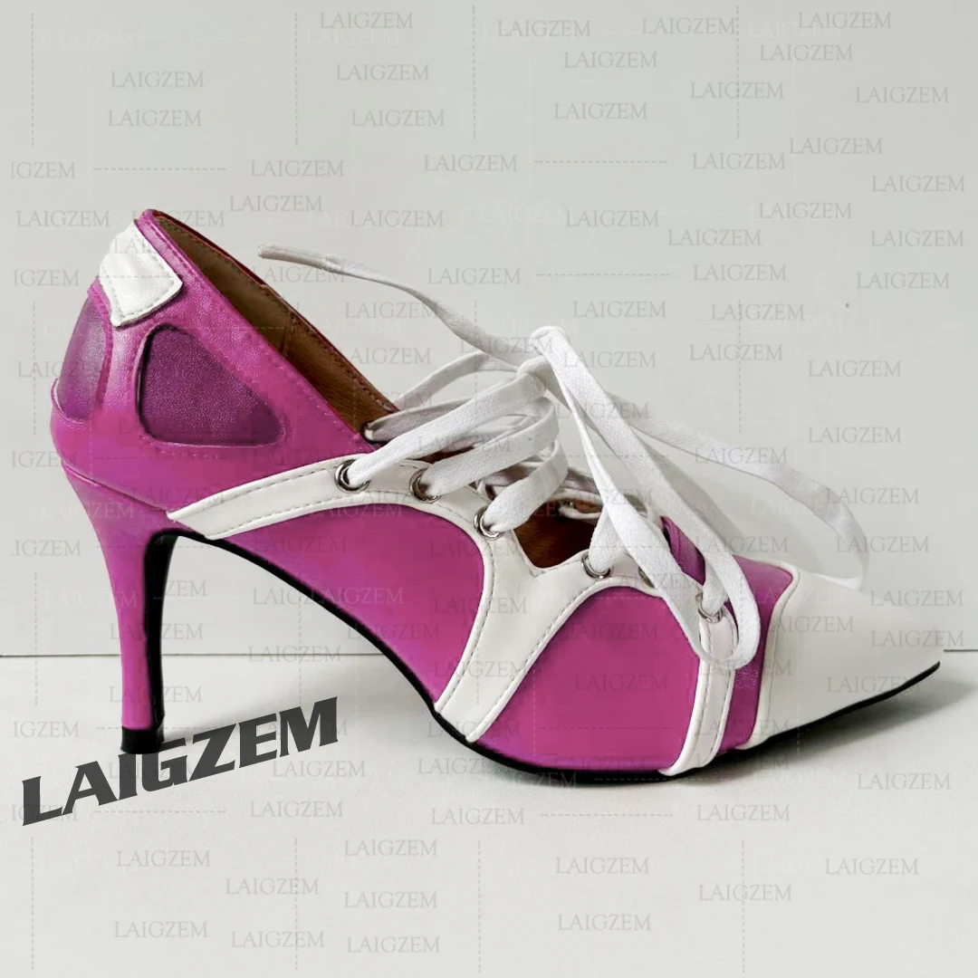 LAIGZEM Women Pumps Pointed Toe 7.5CM Thin High Heels Sandals Patchwork Ladies Party Handmade Shoes Woman Large Size 39 41 43 47