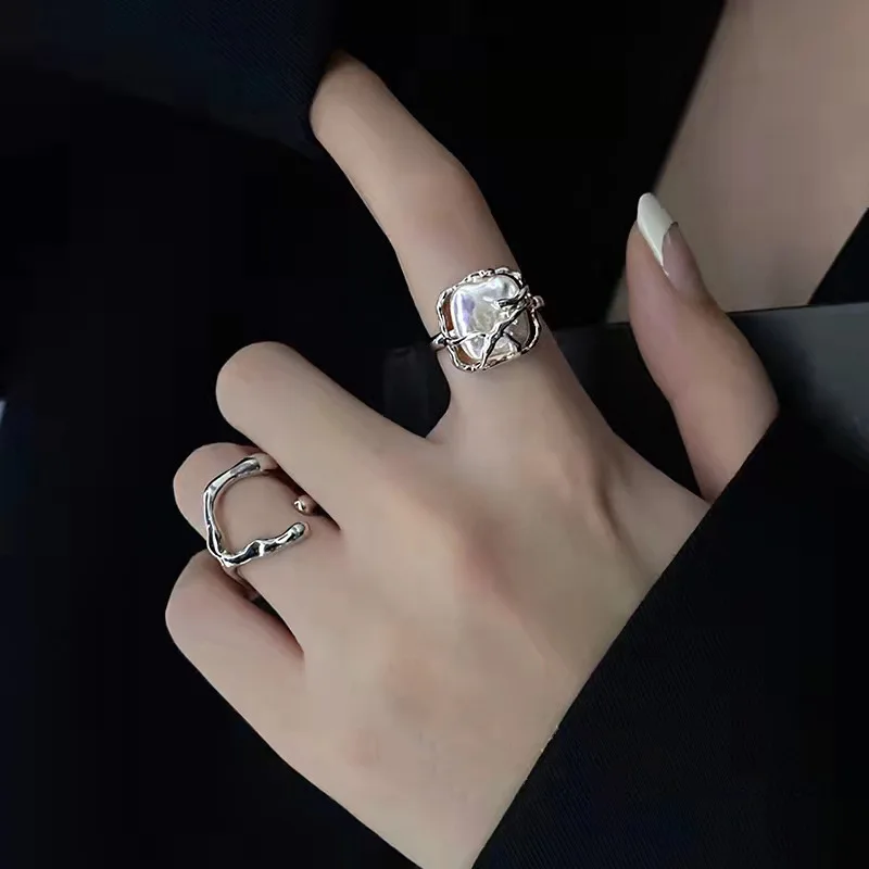 LATS Silver Color Creative Irregular Floral Pearl Rings Set for Women Geometric Metal Wave Opening Ring 2022 Fashion Jewerly