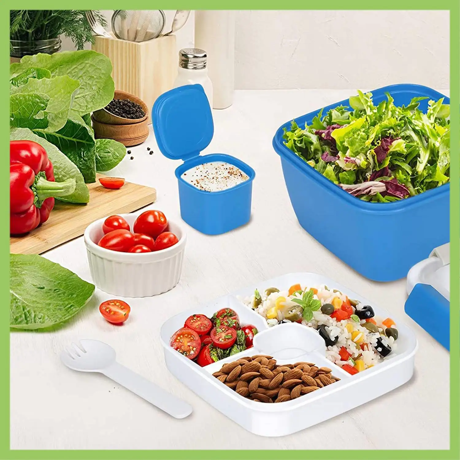 Contenedor de almuerzo para ensalada para llevar, ensaladera grande de 51 onzas, bandeja dividida en 3 partes, con recipiente para aderezo y reutilizable