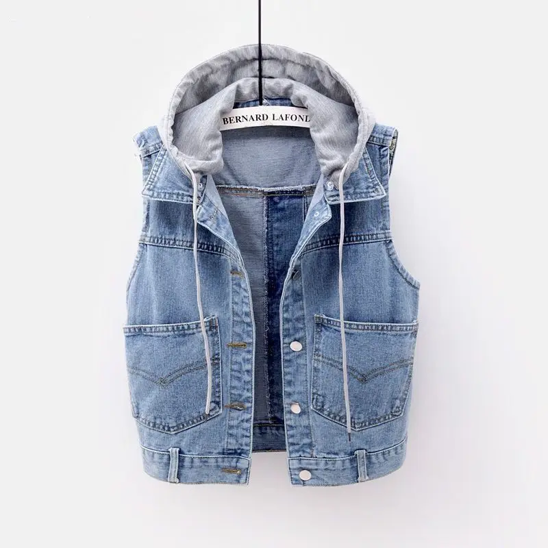 Spring and Autumn Clothing New Korean Version Versatile Loose Hooded Casual Top Jacket Denim Women's Vest