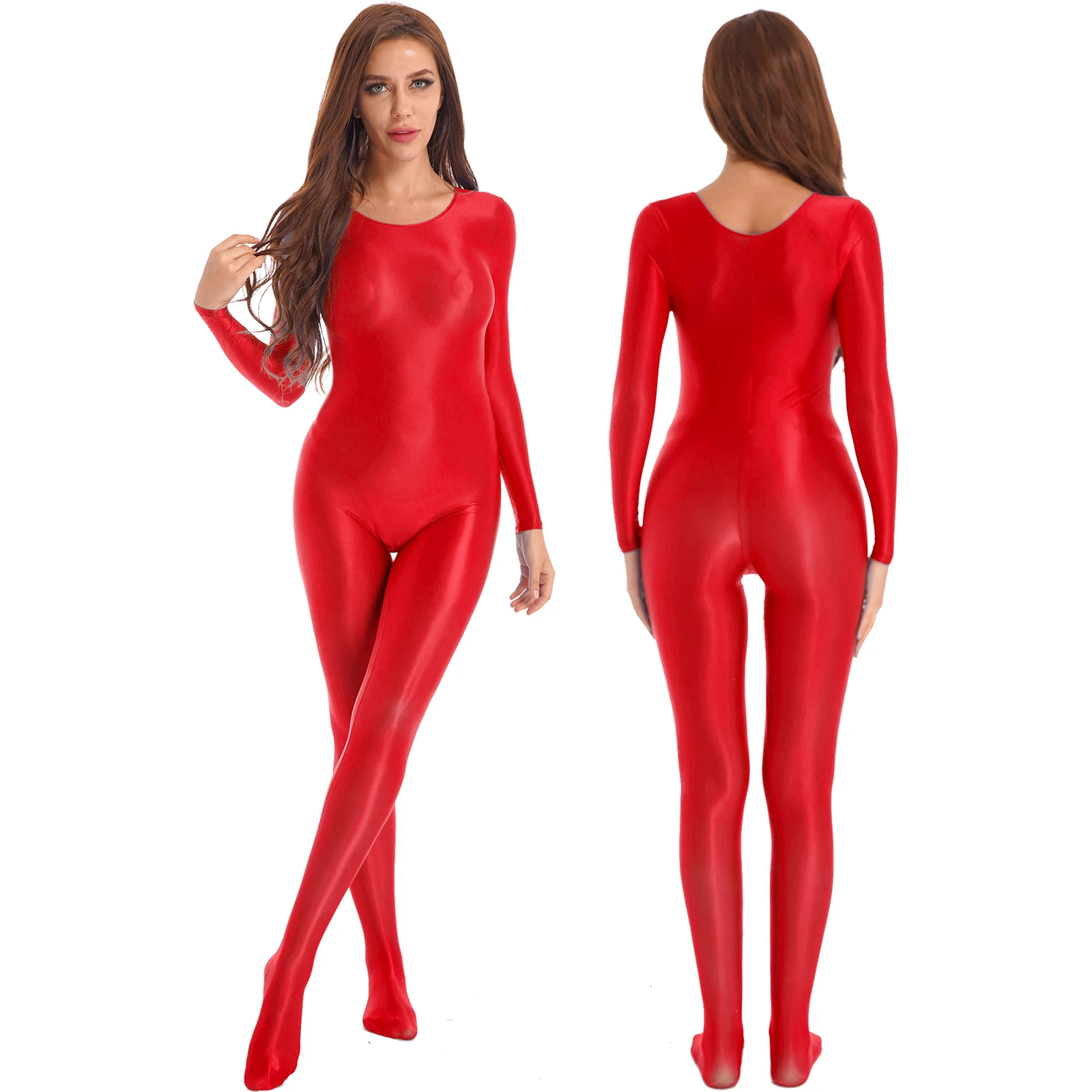 Women Long Sleeve Glossy Bodystocking Bodysuit Jumpsuit Lingerie Nightwear Gymnastics Yoga Sports Dance Leotard Catsuit Swimwear