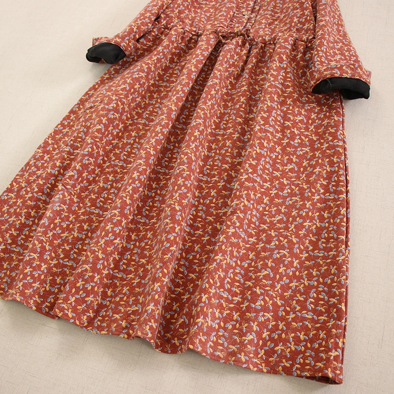Japanese Sweet Mori Girl Vintage Floral Print Thicken Fleece Dress Women Autumn Winter Turn Down Collar Long Sleeve Casual Dress
