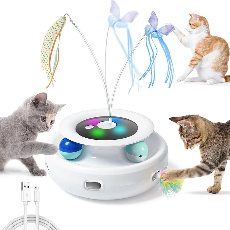

2 in 1 Smart Cat Toys Automatic Feather Fun Ball Toy Set For Cat Dog 5 Modes Electronic Interactive Pet Toy Accessories