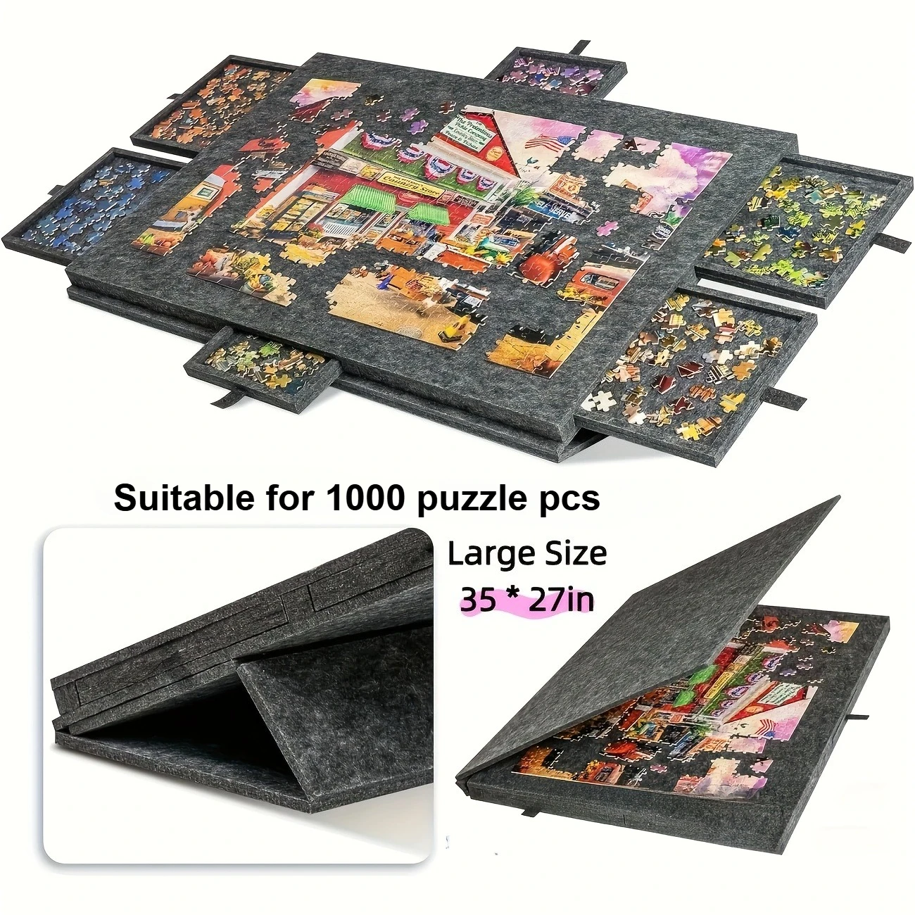

1000pcs Puzzle Board with Drawer, Portable Sliding Storage Rack 6-Compartment Organizer, for Family Game Nights