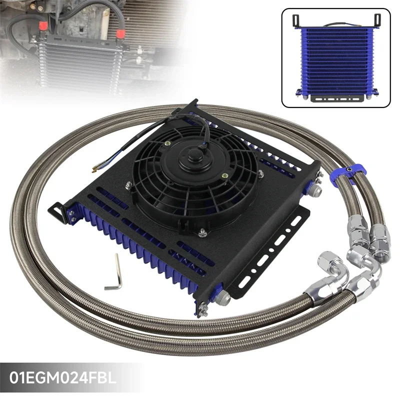 

Universal AN10 19 Row Engine Oil Cooler + Braided Oil Line Hose Kit w/Bracket+7'' Electronic fan TRUST Style Aluminum Black/Blue