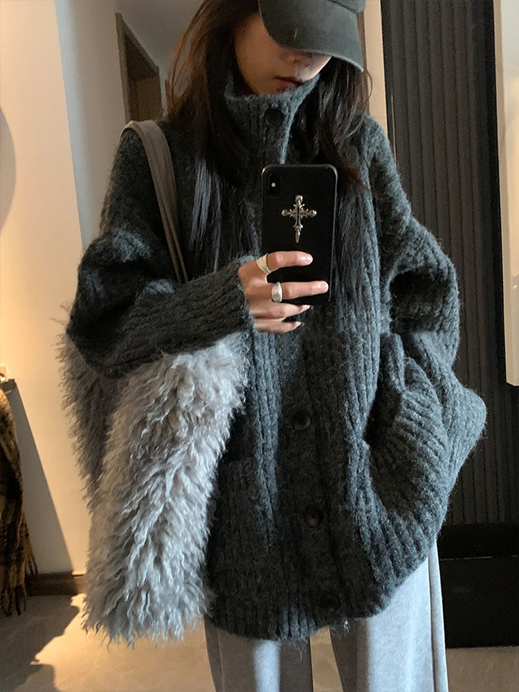 Americano retro alta ne malhas casaco feminino outono inverno solto comprimento médio aberto cardigan solto ajuste faion topo