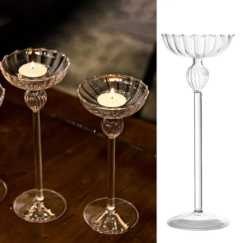 Portavelas de vidrio a rayas de pies altos europeos para fiesta de boda, candelabro transparente, 18cm, 21cm, 24cm