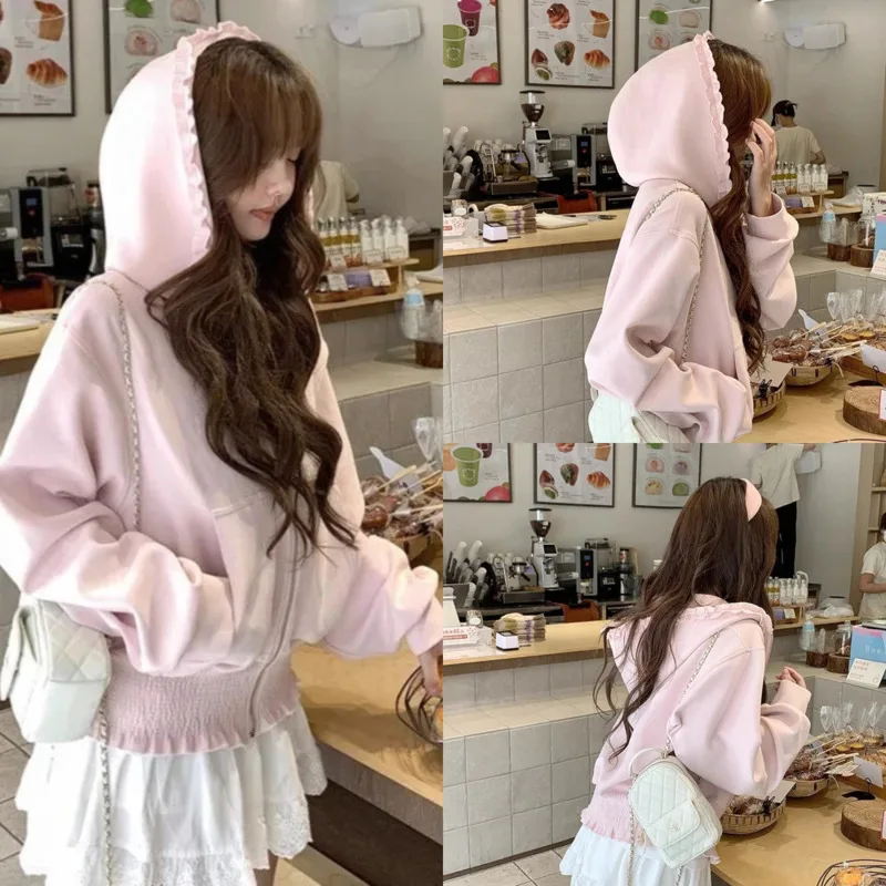 

Korean Lace Y2K Pink Jacket Hoodie Sweet Women Ruffle Hooded Sweatshirt Fashion Loose Top Spring Autumn Casual Streetwear New