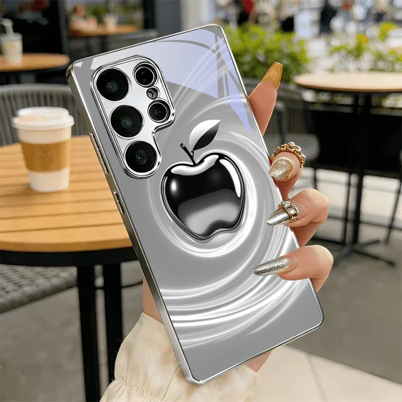 Metallic Fruit in Swirl Electroplat Silver Phone Case For Samsung S24 Ultra S21 S22 FE S23 Plus S20 S25 26 Note10 20 Glass Cover