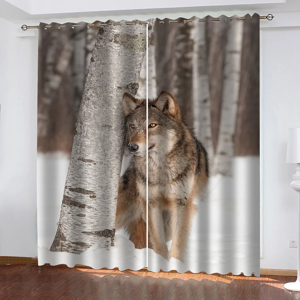 

HUANZHUANG Luxury Living Room Decoration Winter Forest Snow Wolf 3D Cheap Modern Bedroom Winodw Blackout Curtains Set 2 Pieces