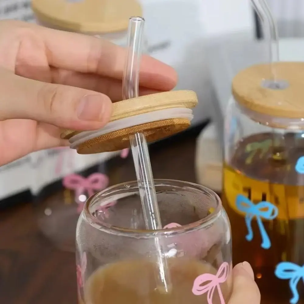 

Cute 500ml Bow Glass Cups with Lids and Straw Drinkware Container Coffee Cups Drinking Cup Home Decoration