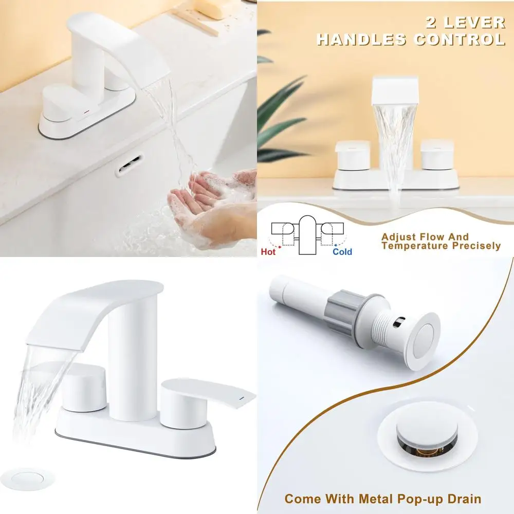 

White Deck-Mounted Two-Handle Waterfall Bathroom Sink Faucet with Metal Pop-Up Drain and Plate for 1 or 3 Hole Basins