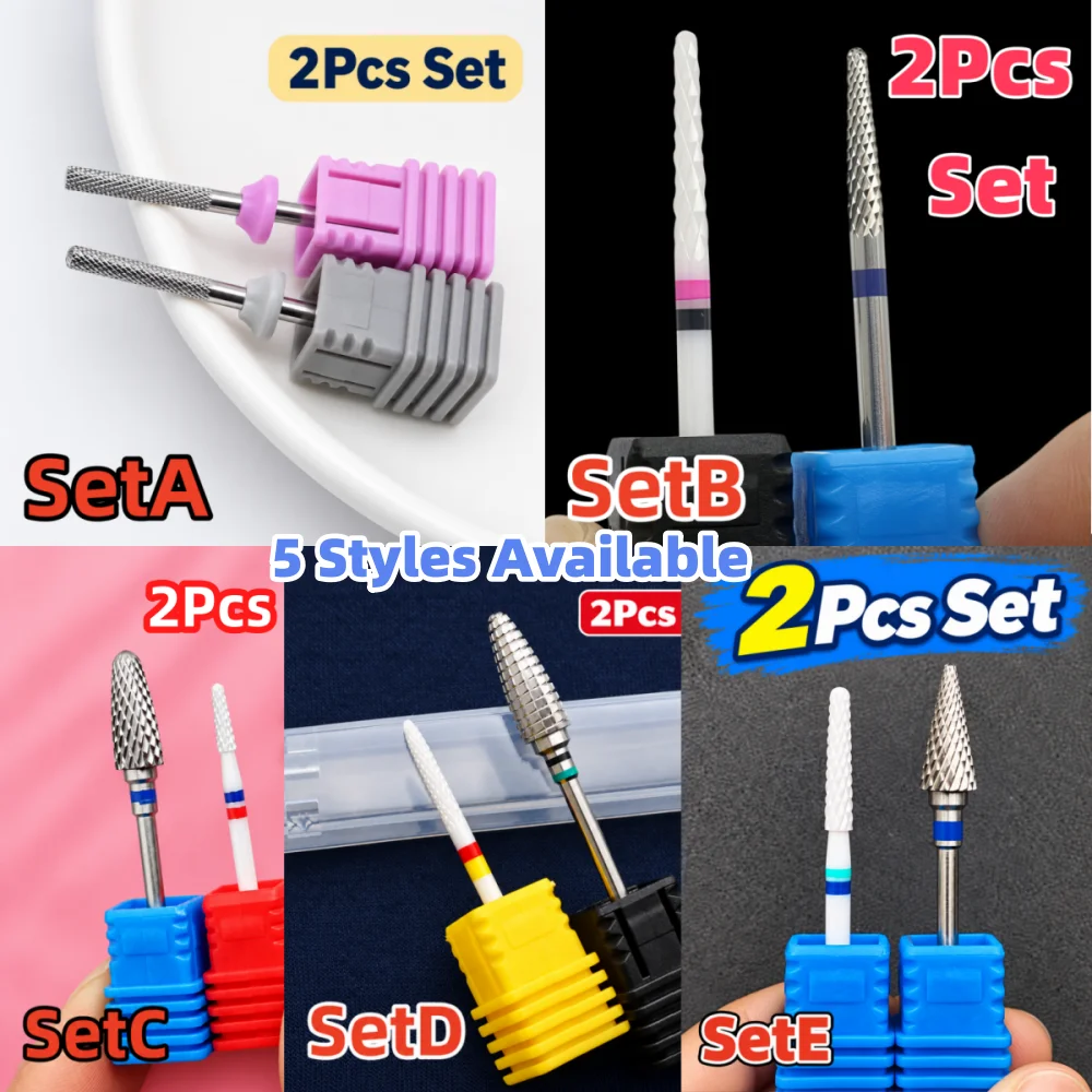 5 Sets 2Pcs Tungsten Carbide Nail Drill Bit Set 3/32 Inch Cuticle Remover Manicure Pedicure Polishing Bits Nail File