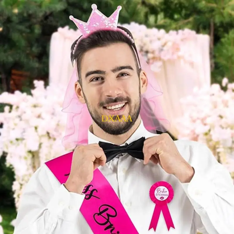 DXAA 4 ชิ้น Bachelor Party เครื่องแต่งกายอุปกรณ์เสริมสำหรับชายสีชมพู Tutu กระโปรง Veils แถบคาดศีรษะ Sash Badge Stag Party