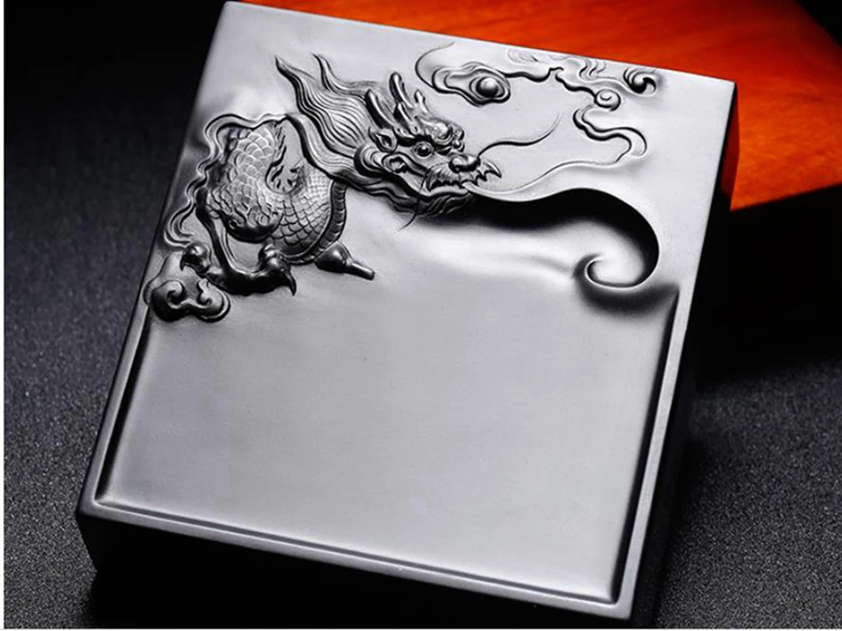 

She Ink Stone Carved Dragon and phoenix Lnkstone Lnkslab Calligraphy Painting Tool 14.5x14.5x3cm