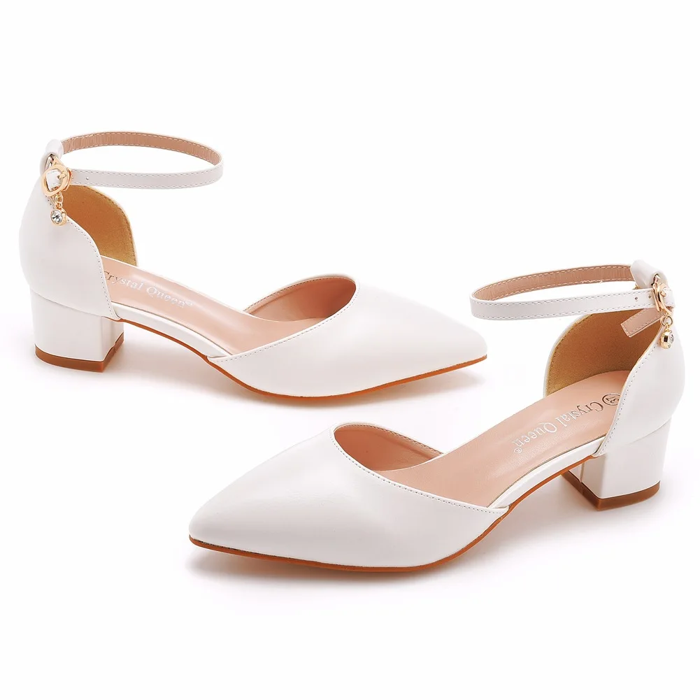 Women 7CM Thick High Heels Sexy Pumps White Wedding Bride Shoes Pointed Toe Buckle Strap Sandals