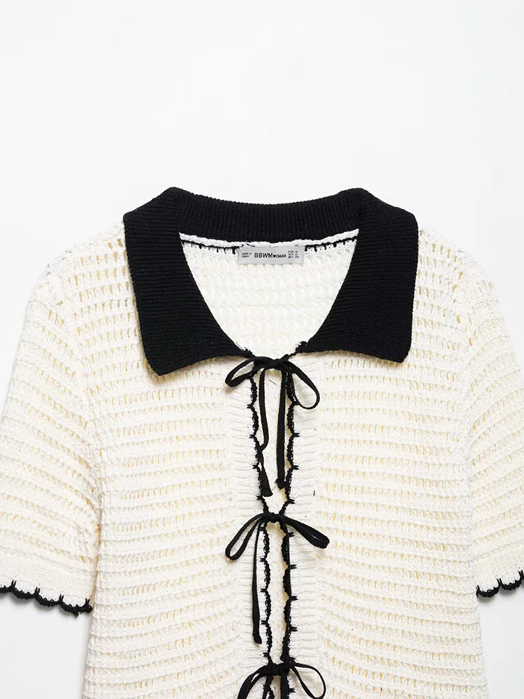 Siyang moda feminina bege arco rendas até camisola de malha vintage lapela pescoço mangas curtas feminino chique senhora outfits