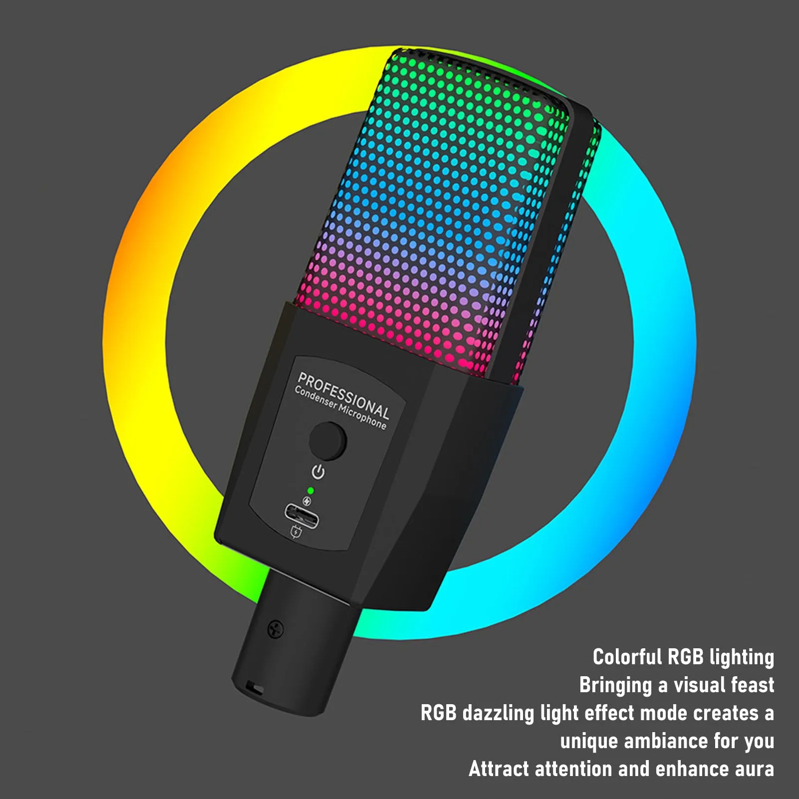 ميكروفون ألعاب مع ميكروفون مكثف للكمبيوتر USB بإضاءة RGB مع حامل ثلاثي القوائم لتسجيل استوديو البث للكمبيوتر الشخصي