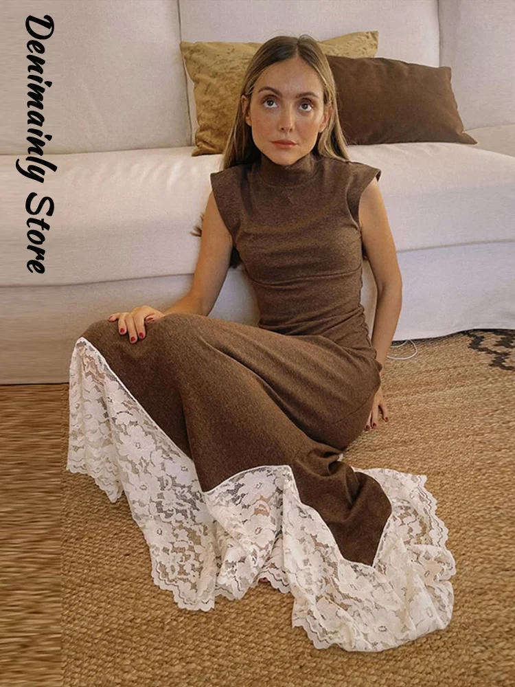 Elegancka sukienka z falbankami, koronkowymi wstawkami, długa, damska, z wysokim kołnierzem, dopasowana, w kształcie litery A, sukienki na przyjęcia, wiosna 2026, nowa suknia wieczorowa dla pań.