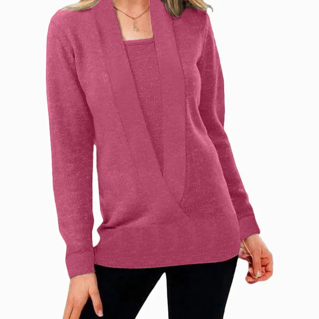 

Women's Knitted Long Sleeve Sweater Deep V-Neck Solid Color Autumn Winter Top European American Style Fake Two-Piece