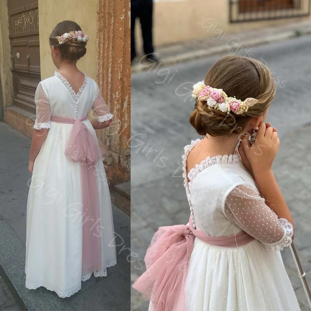 

Customized A-line/Princess First Communion Dress with Tulle Sashes Polka Dot Lace Flower Girl Dress 2-14 Kids Wedding Party Gown