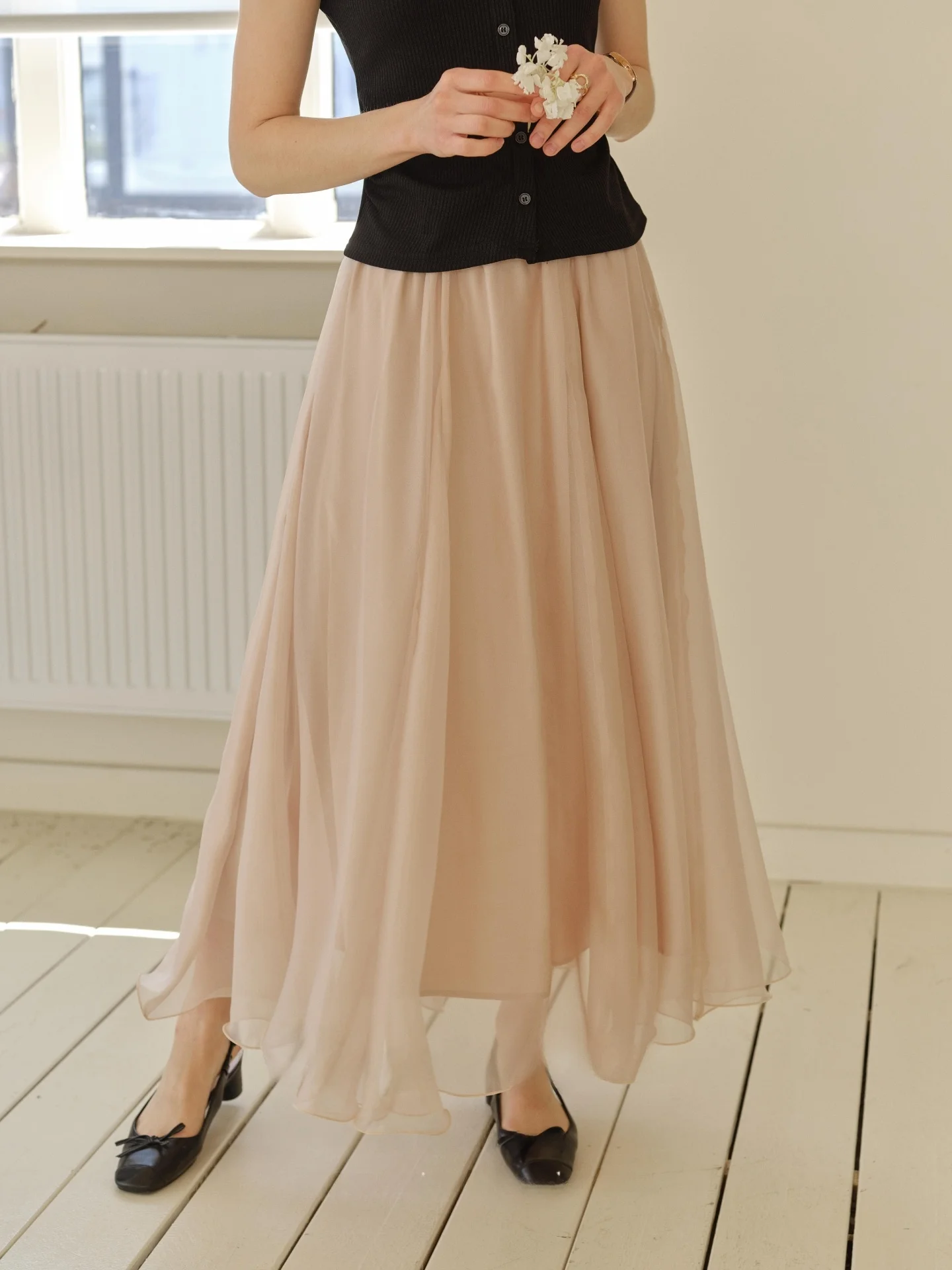 

Pink A-Line Half Skirt Gentle Wind Big Swing Soft Rain Light Flying Women's High Waist Polyester Fiber Gauze Skirt
