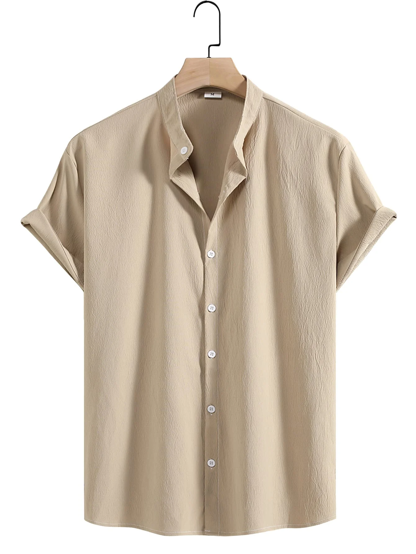 

Men's Beige Solid Button-Up Shirt with Short Sleeves and Relaxed Fit