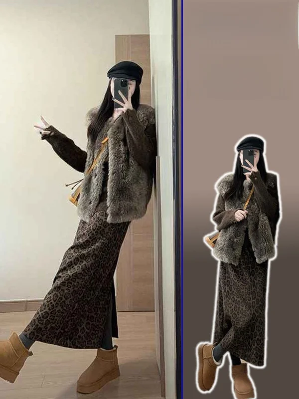 

American Sle plus Size Women's High Waist Leopard Print Skirt Tee Piece Set with Vest And Knitted Top for Casual Wear