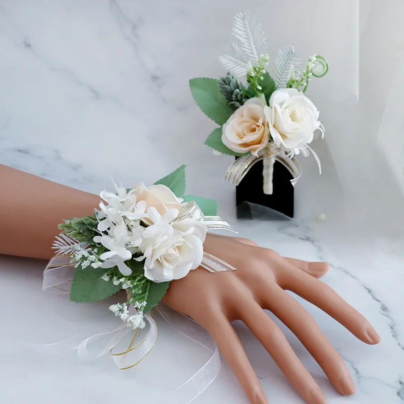 Yannew Ivory Rose Wrist Corsage and Boutonniere Set for Wedding Prom Bridesmaid Wristlet Men Suit Flowers Party Homecoming Decor