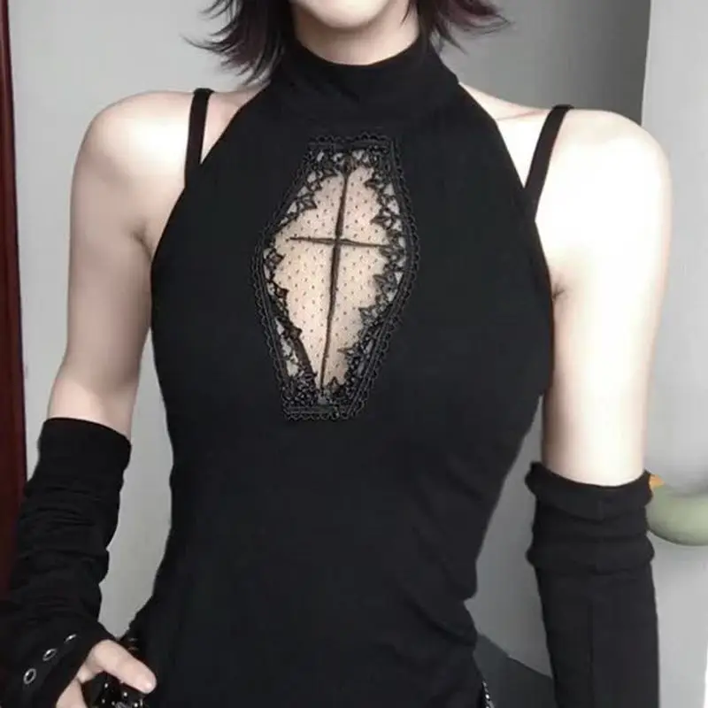 Y2k Aesthetic Sexy Halter Fairy Tank Top Harajuku Cross Lace Patchwork Grunge Camisole Streetwear Vintage Bodycon Tanks Women