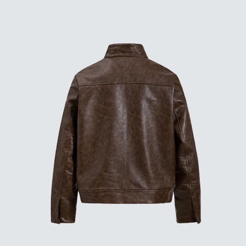 American Retro Stand Collar Leather Jacket Men Women Pocket Decoration Motorcycle Jacket Solid Color Distressed Texture Jacket