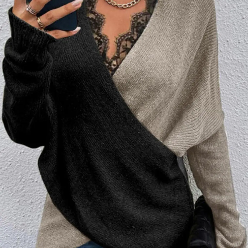 

Женская вязаная куртка с v-образным вырезом, свободный пуловер, одеяло с цветными блоками, трикотаж в европейском и американском стиле на складе