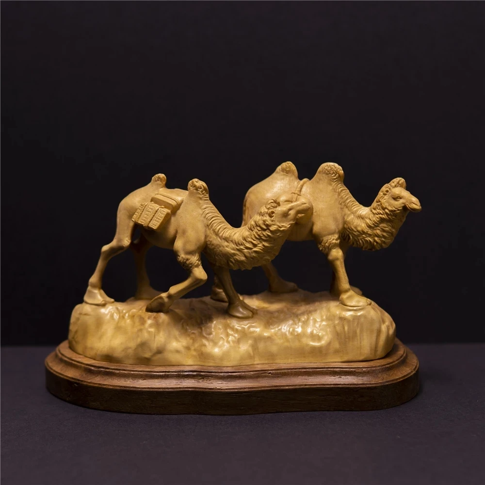 

15cm Two Camels Animal Sculpture Boxwood Feng Shui Creative Chinese Solid Wood Carving Crafts Home Decoration