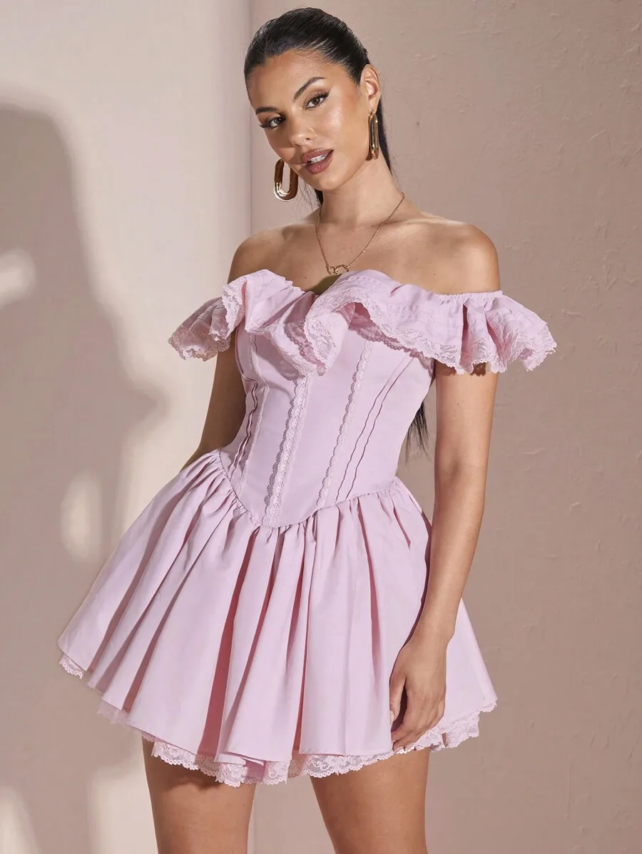 

Off Shoulder Ruffled Lace Trim Flare Hem Mini Dress For Women
