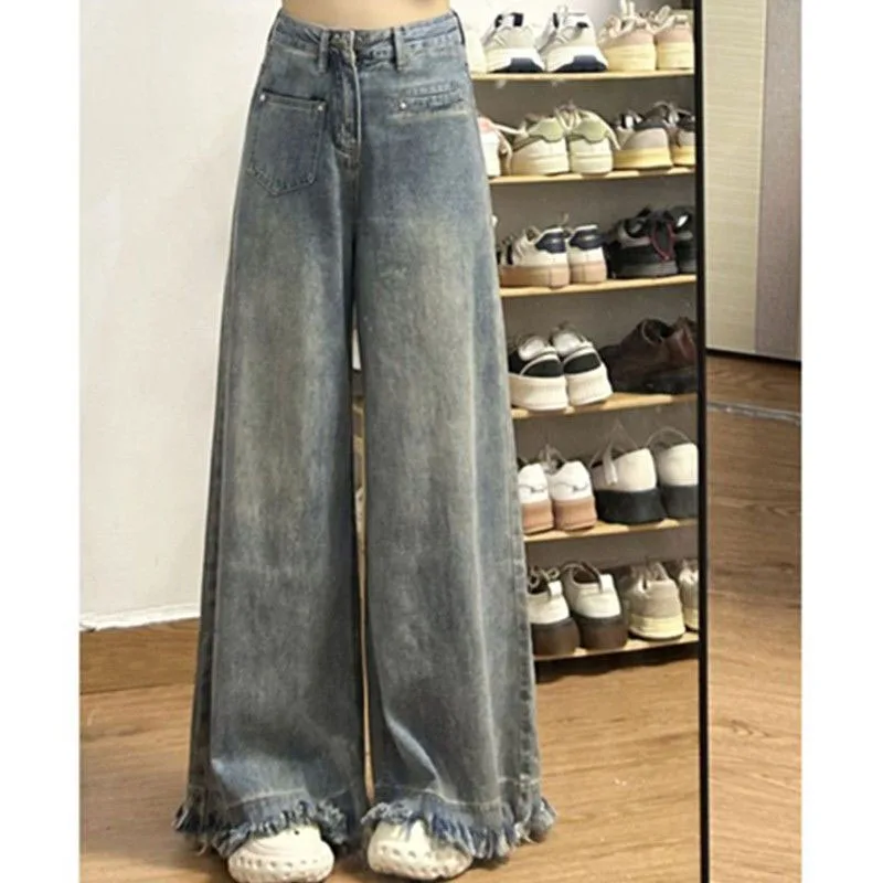 

Мужские широкие джинсы с высокой талией, осень-зима, винтажные потертые свободные драпированные брюки длиной до пола, модные повседневные брюки большого размера