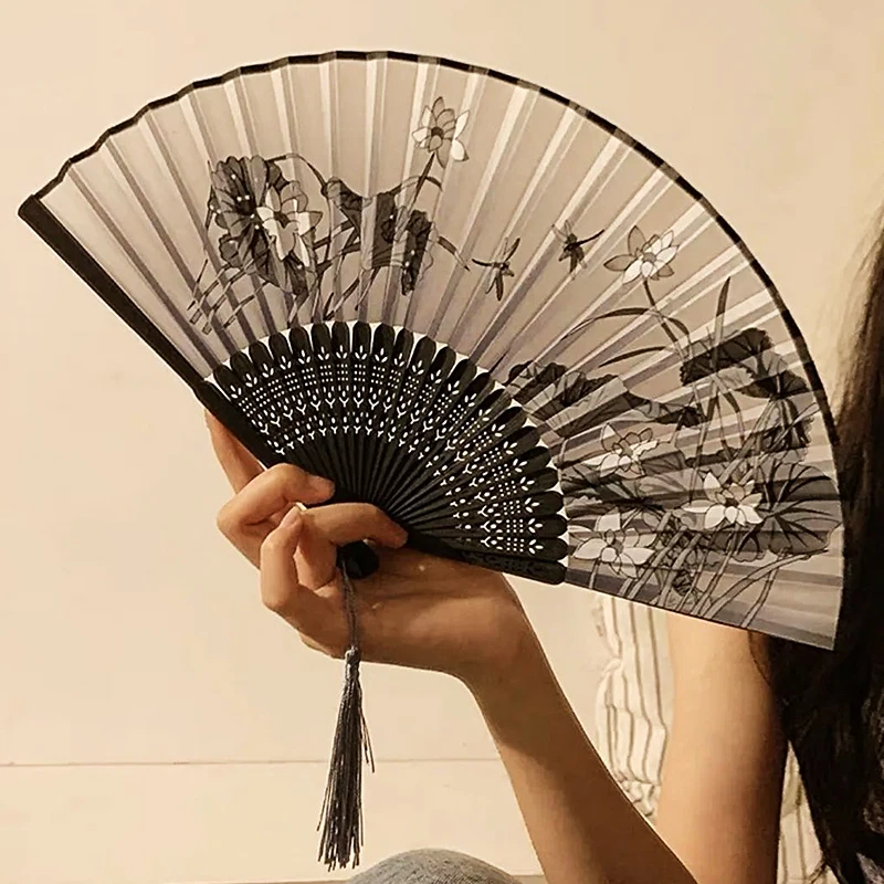 Vintage Folding Fan Chinese Style Flower Pattern Art Hand Held Fans Wedding Party Dance Classic Hanfu Decorated Crafts