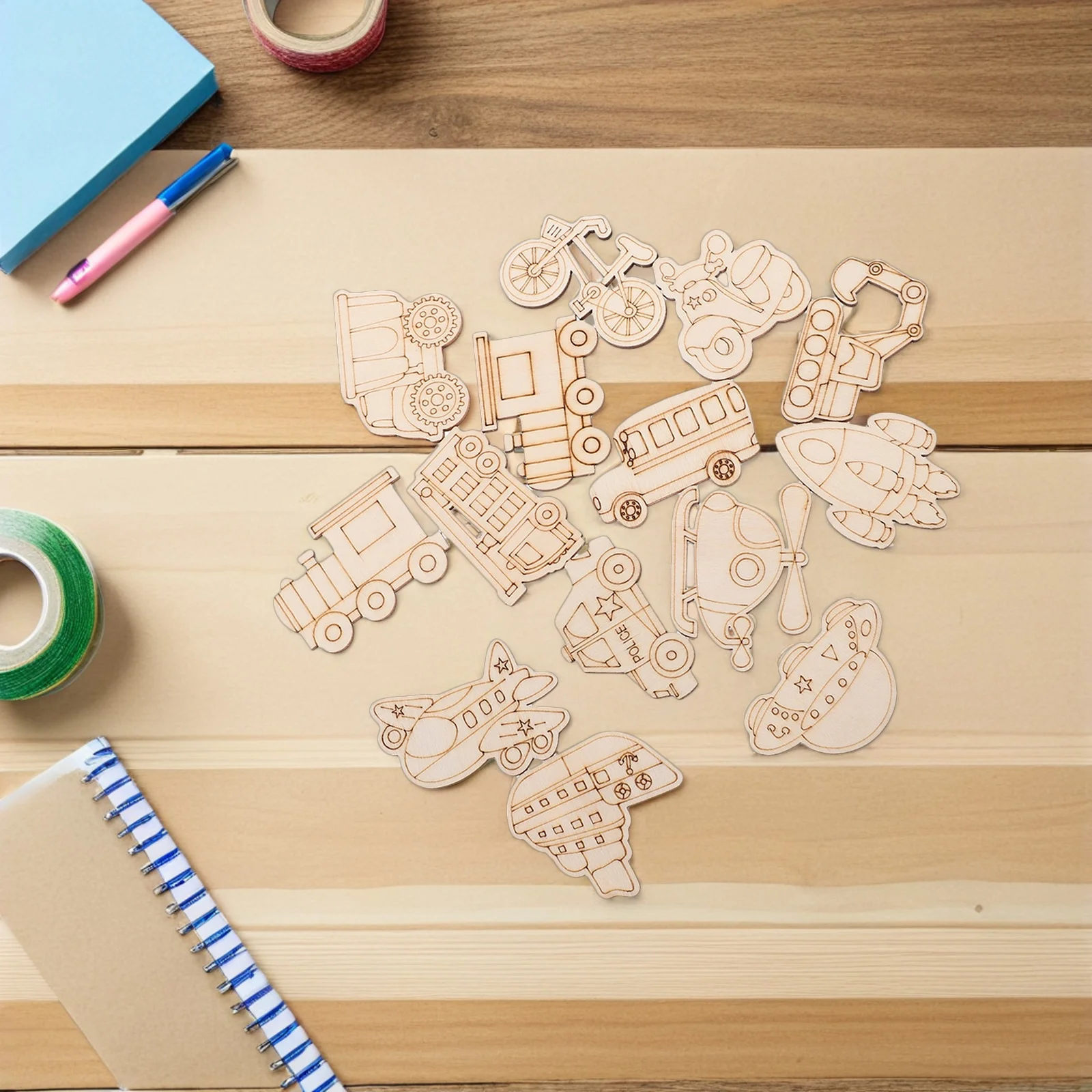 

100pcs Wooden Vehicle Cutouts Diy Unfinished Slices For Kids Painting Craft Projects Transportation-Themed Home Decor