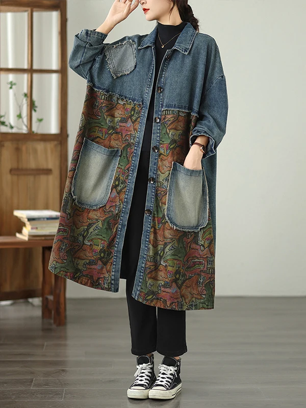 루즈 슬리밍 라지 사이즈 프린트 패치워크 싱글 버튼 미디엄 길이 데님 스타일 코트 가을 신상 여성 패션
