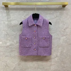 Jaqueta sem mangas para mulheres, colete de Tweed, miçangas coloridas de lantejoulas, violeta e roxo, grossa high-end