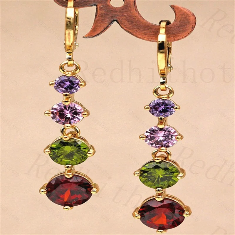 Delicate Fashion Oval Purple Pink Green Red Stone Earrings Shine Gold Color Metal Party Engagement Dangle Earrings Jewelry